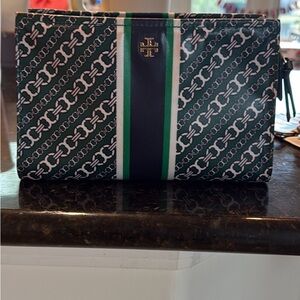 Tory Burch Patterned Green and Navy Toiletry Bag